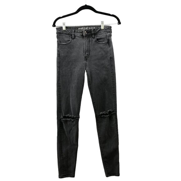 American Eagle Super Hi-Rise Jegging Womens Size 4 Black Super Stretch Ripped - Picture 1 of 12